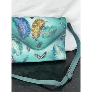 Anuschka Hand Painted Leather crossbody clutch bag Feather dance Torquoise